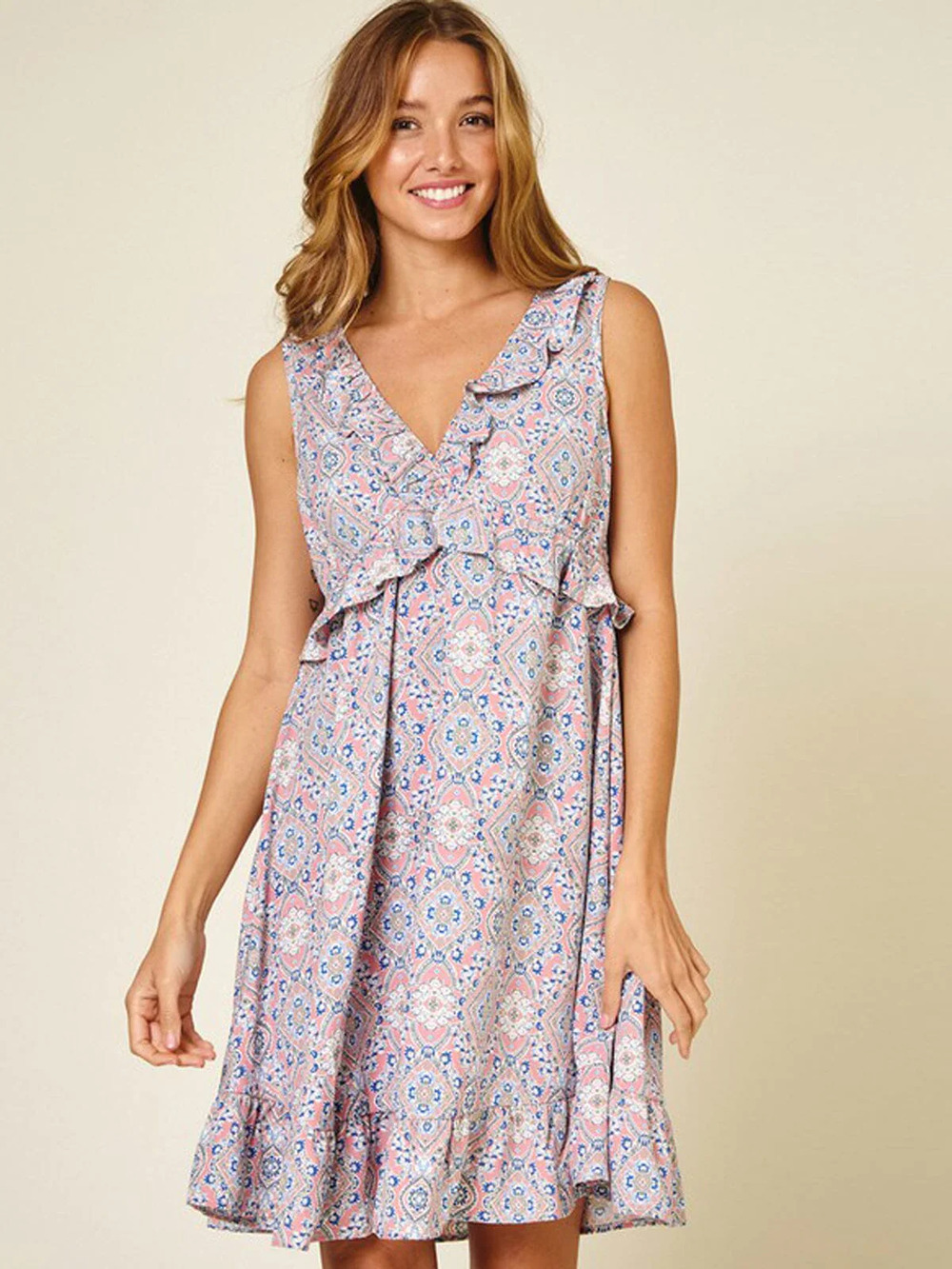 Floral Sleeveless Mini Dress Flowy Casual Summer Size Large
